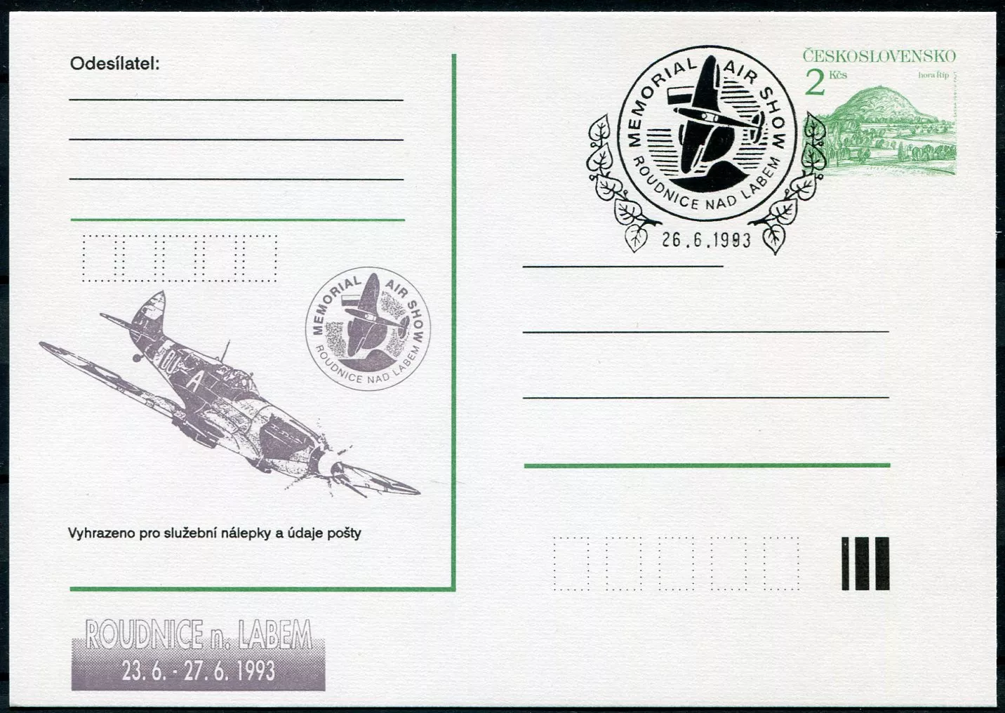 (1992) CDV 239 - 2 Kčs (zelená) - Hora Říp, přítisk Memorial Air Show